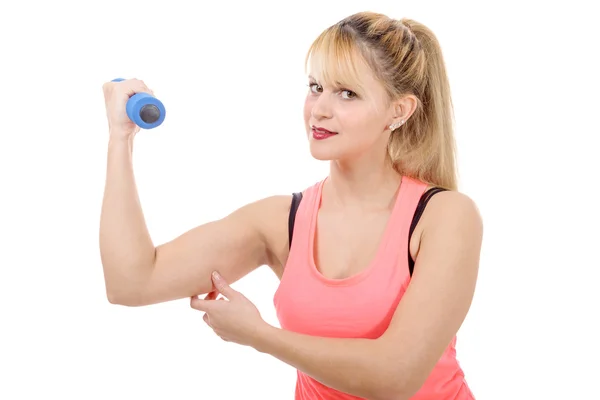 Portrait of pretty sporty girl holding weight — Stock Photo, Image