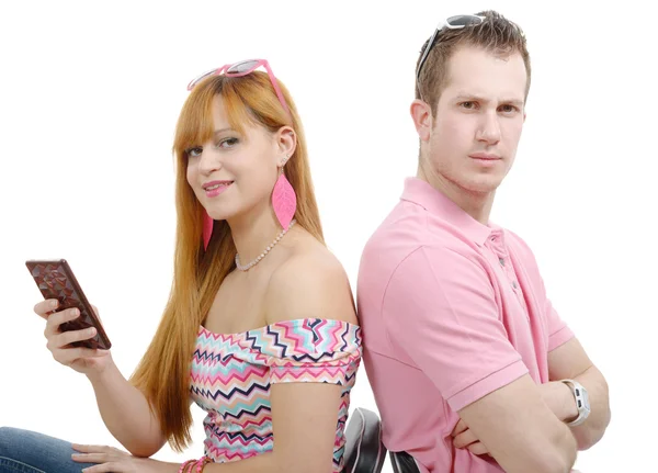 Young couple with problems, woman phone — Stock Photo, Image