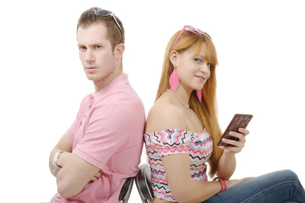 Young couple with problems, woman phone — Stock Photo, Image