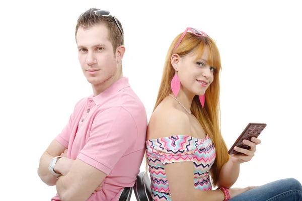 Young couple with problems, woman phone — Stock Photo, Image