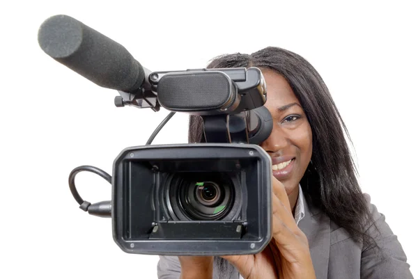 Jovens mulheres afro-americanas com câmera de vídeo profissional — Fotografia de Stock