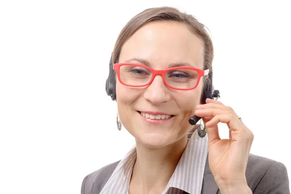 Close-up portret van lachende jonge vrouw met hoofdtelefoon — Stockfoto