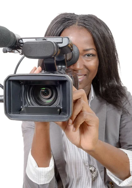 Jovens mulheres afro-americanas com câmera de vídeo profissional — Fotografia de Stock