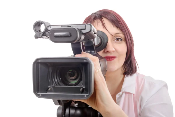 Jovem bonita com uma câmera profissional — Fotografia de Stock