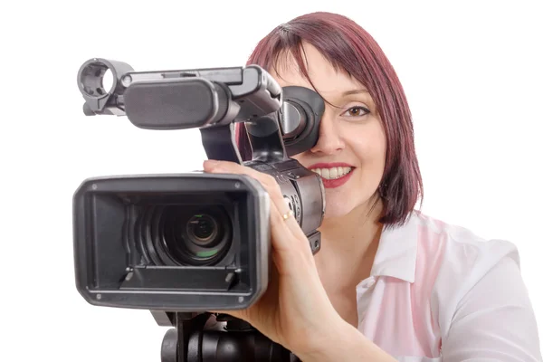 Симпатичная молодая женщина с профессиональной камерой — стоковое фото