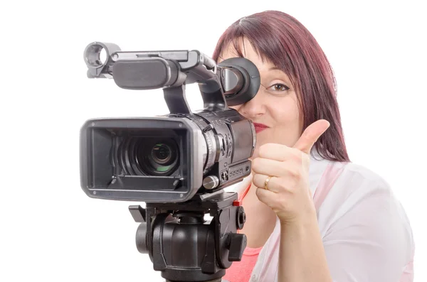 Jovem bonita com uma câmera profissional — Fotografia de Stock