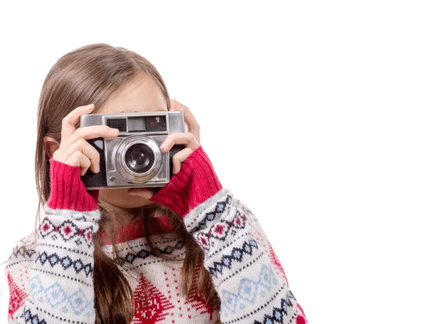 Genç kız ile vintage fotoğraf makinesi. Gençlik yaşam tarzı — Stok fotoğraf