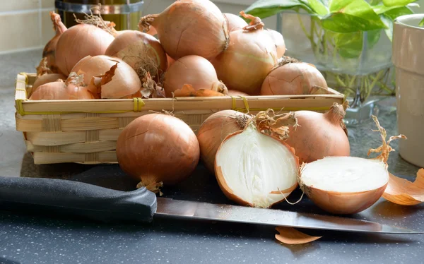 Gesneden uien met een mandje met uien — Stockfoto