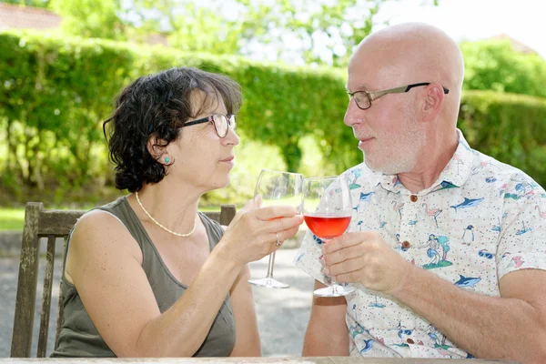 Senior couple drinking  glass of wine in the garden — Stock Photo, Image