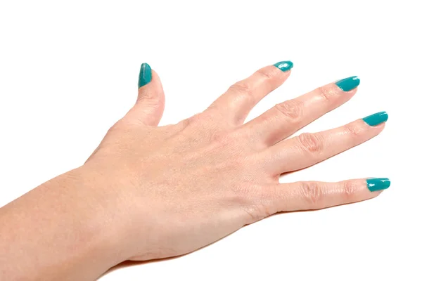 Vrouw hand met groene nagels geïsoleerd op wit — Stockfoto