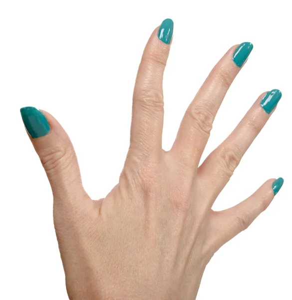 緑の爪を白で隔離と女性の手 — ストック写真