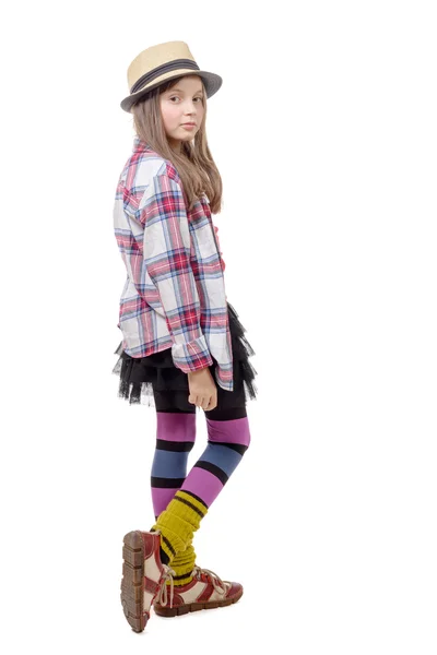 Menina pré-adolescente em estilo hipster. isolado em branco — Fotografia de Stock