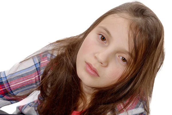 Retrato de niña preadolescente aislado en blanco —  Fotos de Stock