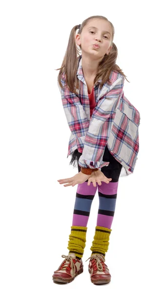 Preteen flicka i hipster stil. isolerad på vit — Stockfoto