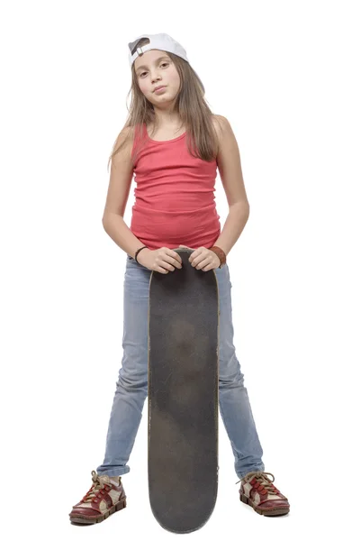 Fashion pretty little girl with skateboard — Stock Photo, Image