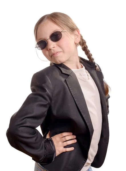 Little girl with black jacket and sunglasses — Stock Photo, Image