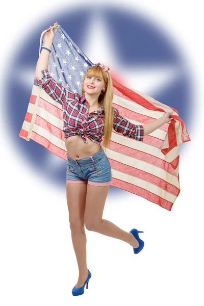 Sexy pin se dívka drží americká vlajka — Stock fotografie