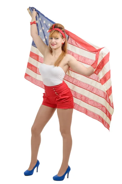 Sexy pin se dívka izolované drží americká vlajka — Stock fotografie