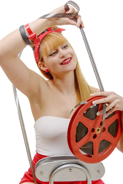 Pretty girl smiling on retro style looks a 16mm film — Stock Photo, Image
