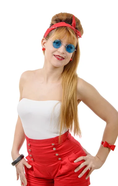 Bonita chica en estilo retro con gafas de sol azules en blanco —  Fotos de Stock