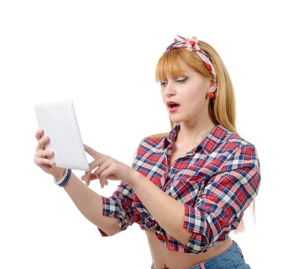 Portrait of a pretty girl in retro style with  tablet — Stock Photo, Image