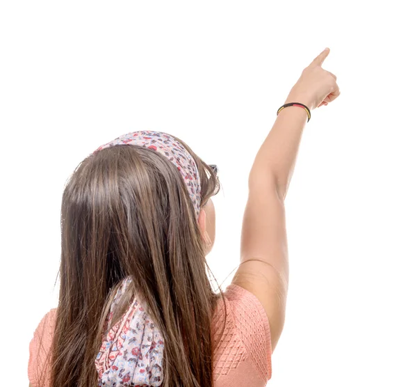 Preteen flicka visar med sitt finger — Stockfoto