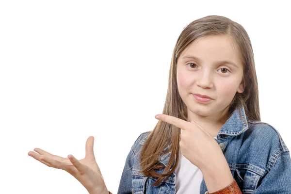 Preteen girl shows with his finger — Stock Photo, Image