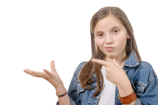 Preteen girl shows with his finger — Stock Photo, Image