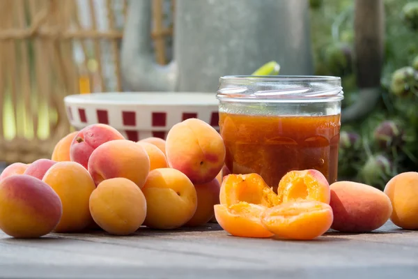 Abrikozen en pot jam — Stockfoto