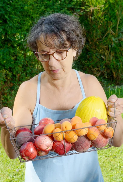 Donna con un cesto di frutta — Foto Stock