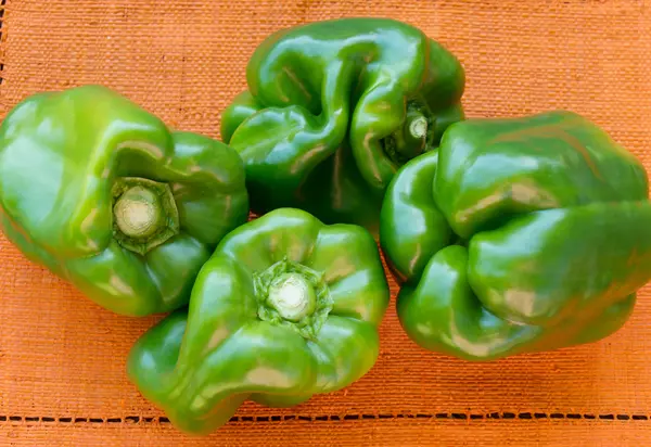 Four large green pepper on orange background — Stock Photo, Image