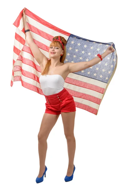 Sexy pin se dívka drží americká vlajka. — Stock fotografie