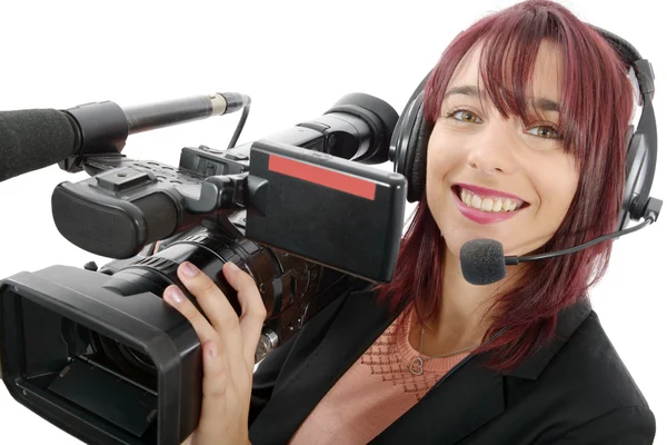 Jeune femme avec une caméra vidéo professionnelle — Photo