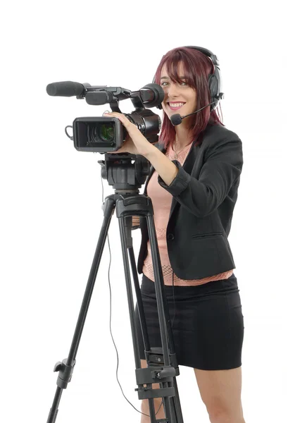 Giovane donna con una videocamera professionale — Foto Stock