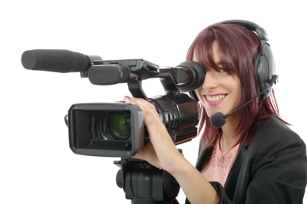 Młoda kobieta z profesjonalnych kamer wideo — Zdjęcie stockowe