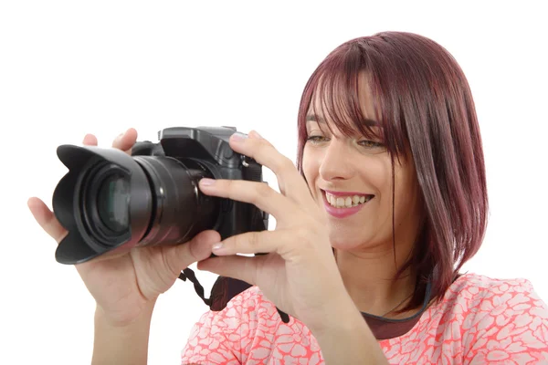 Junge Frau mit Foto camera.on weißem Hintergrund — Stockfoto