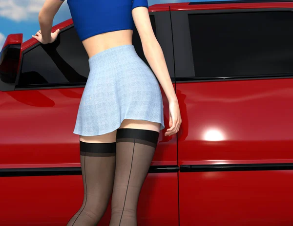 Schöne Sexy Mädchen Neben Einem Roten Auto Render — Stockfoto
