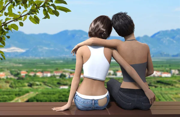 Rear View Couple Girlfriends Sitting Bench Render — Stock Photo, Image