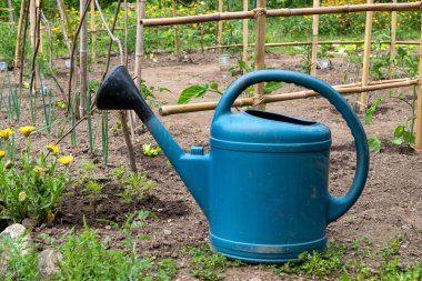 Bahçede plastik bir sulama kutusu var.