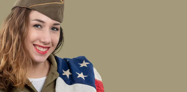 Pretty Young Woman Ww2 Uniform American Flag — Stock Photo, Image