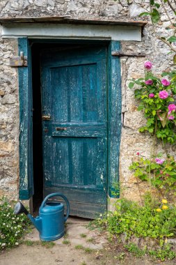 Kırsal, eski, ahşap bir kapı, yapraklarla kaplı.
