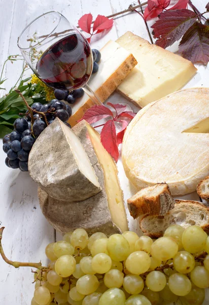 Frans kaasschotel met wijn en druiven — Stockfoto