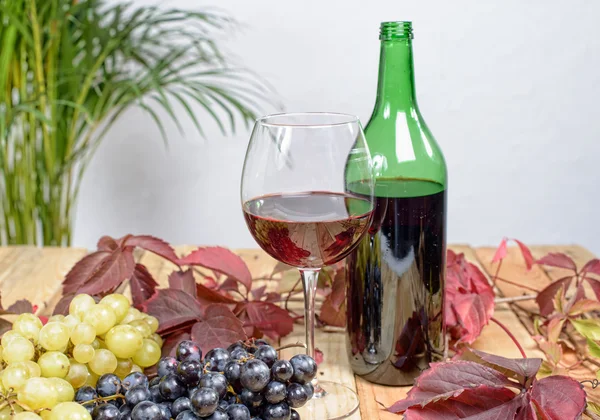 Verre de vin rouge avec de nombreuses grappes de raisins — Photo