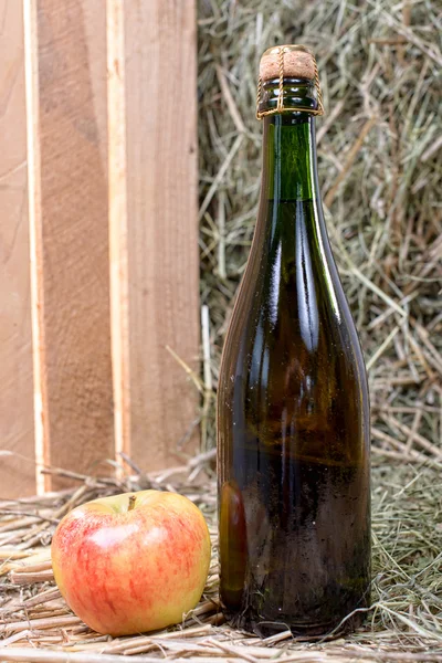 Botella de sidra con una manzana y paja — Foto de Stock