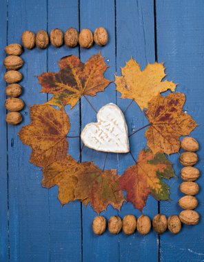 Ahşap bir masa üzerinde fındık ile Fransız peynir mavi boyalı