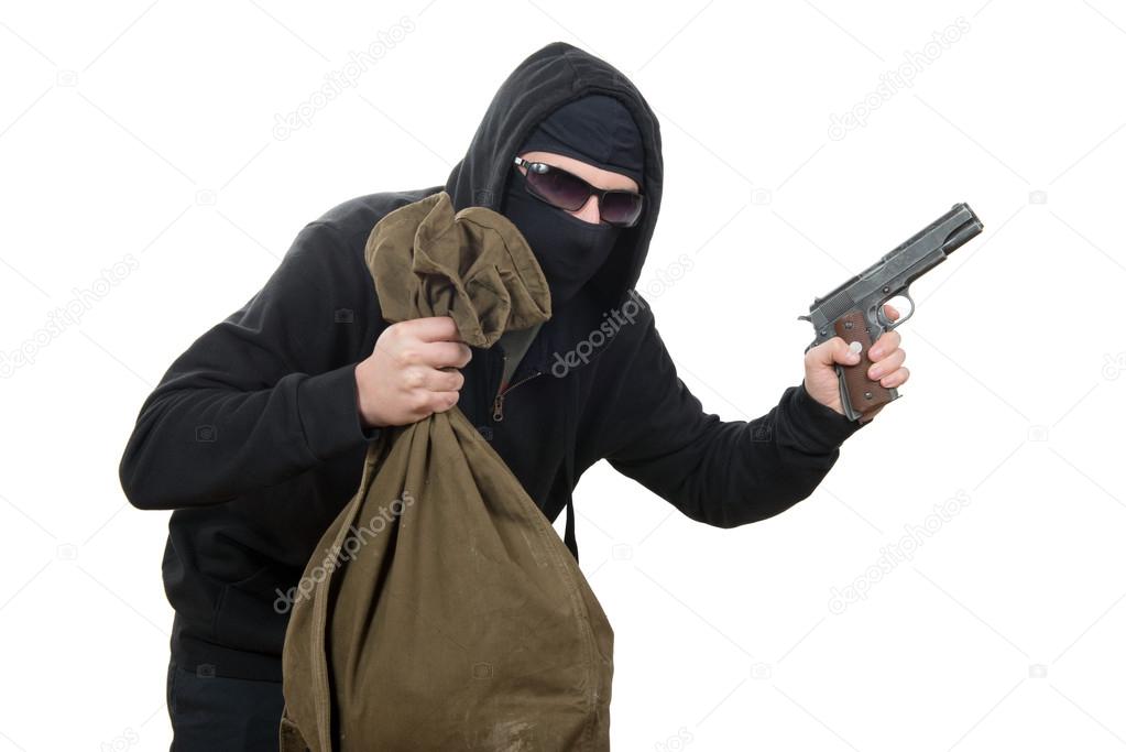 hooded robber with a gun and a bag of money