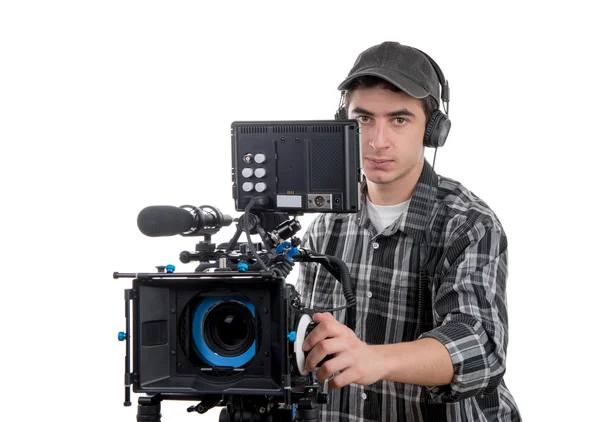 Giovane cameraman con fotocamera professionale — Foto Stock