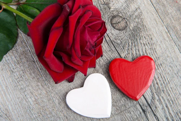 Witte en rode harten en rose voor Valentijnsdag — Stockfoto