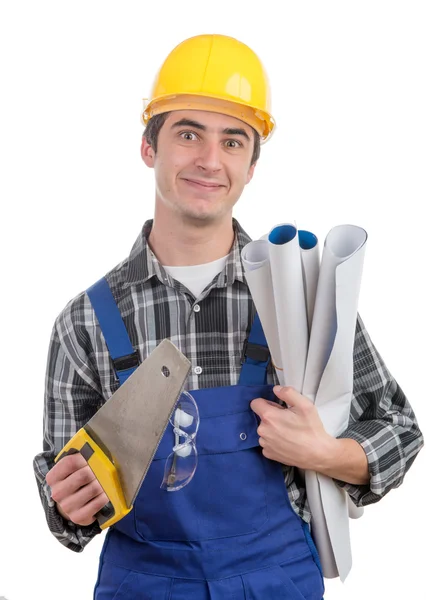 Young worker with a handsaw — Stock Photo, Image