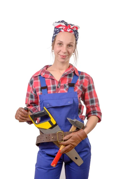 Pretty young woman with tools to tinkering — Stock Photo, Image